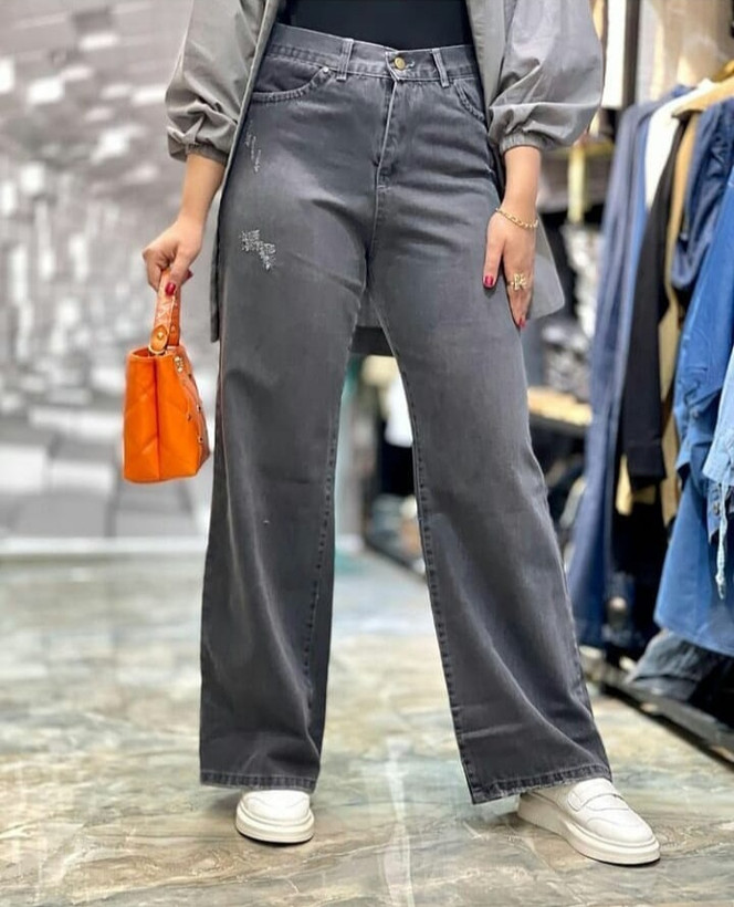 شلوار لی فول بگ زنانه پشت کش زغالی