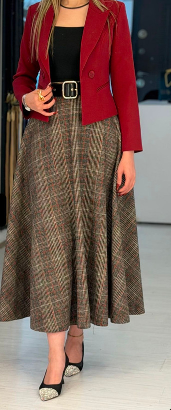 دامن چهارخانه پاییزه نیم کلوش بلند - باسلام