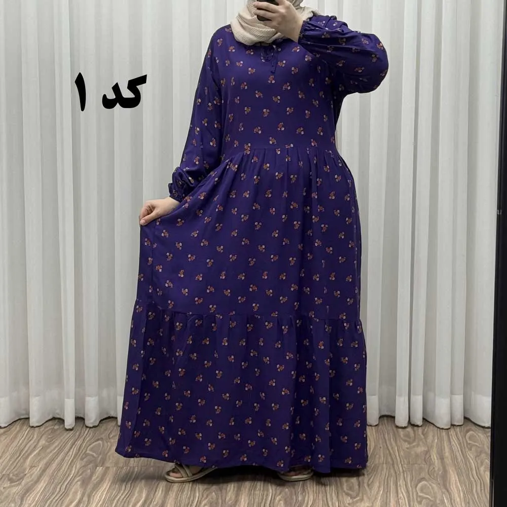 پیراهن گلریز چیندار آیدایی پاموق کد 1522 جنس نخی شسته شده فری سایز تا 50 کمربنددار چهارفصل