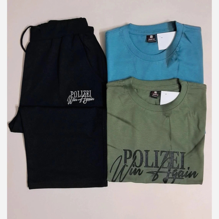 ست تیشرت پنبه یک رو و شلوارک دورس پسرانه طرح polizei رنگ آبی و سبز سایز 65 و 70