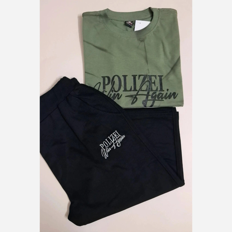 ست تیشرت پنبه یک رو و شلوارک دورس پسرانه طرح polizei رنگ آبی و سبز سایز 65 و 70
